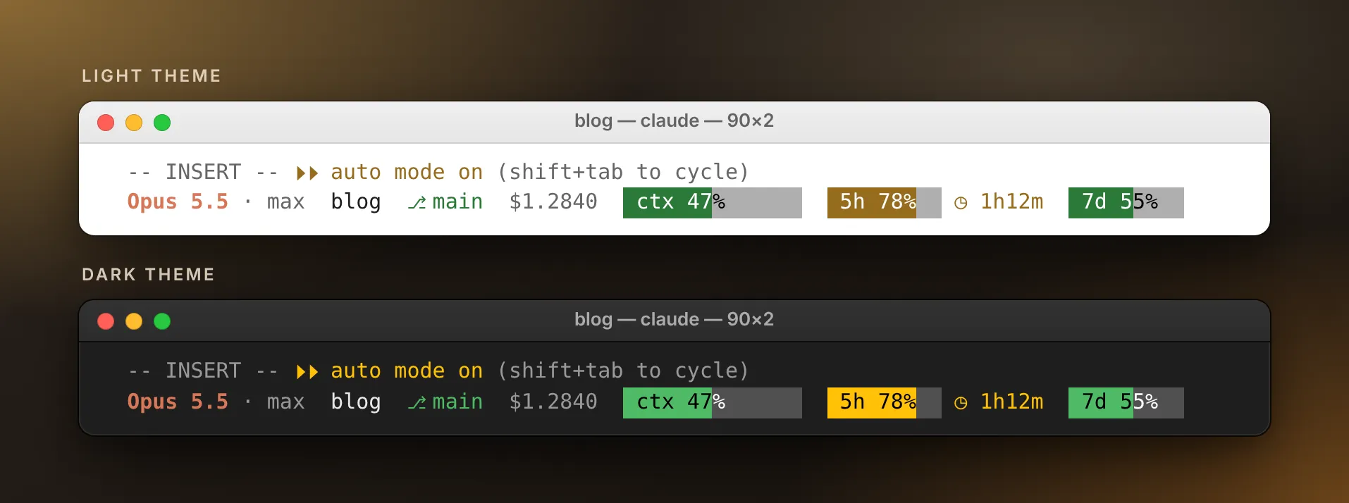 The hint row and the status line in a light and a dark macOS Terminal window, every colour following Claude Code’s theme.