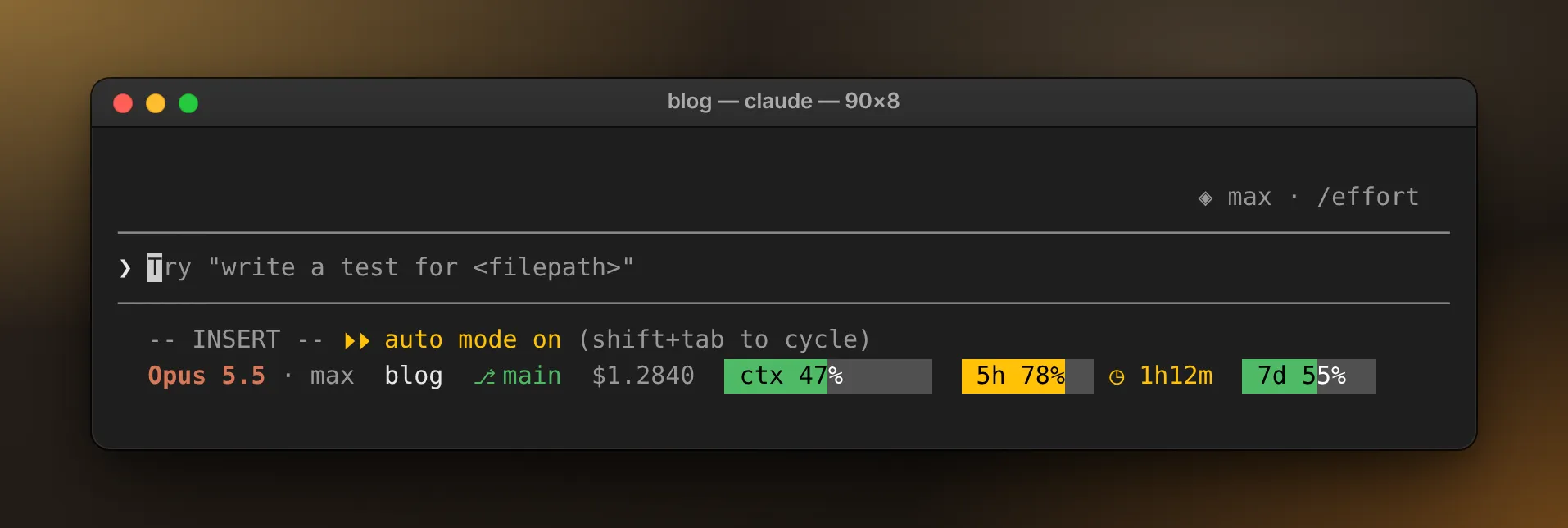 A dark macOS Terminal window with the new status line under Claude Code’s prompt and hint row: Opus 5.5 · max, blog, main, $1.2840, then gauges for context at 47% in green, the five-hour limit at 78% in amber with ◷ 1h12m, and the weekly limit at 55% in green.