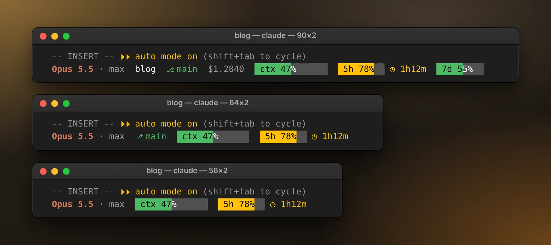 The status line in macOS Terminal windows 90, 64 and 56 columns wide. At 64 the folder, the cost and the weekly gauge are gone; at 56 the branch too, while the amber five-hour gauge stays.